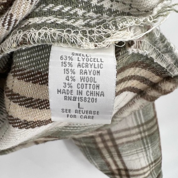 CALI 1850 Womens Plaid Flannel Shacket Large Green Ivory Brown Boxy Oversized - Picture 8 of 9